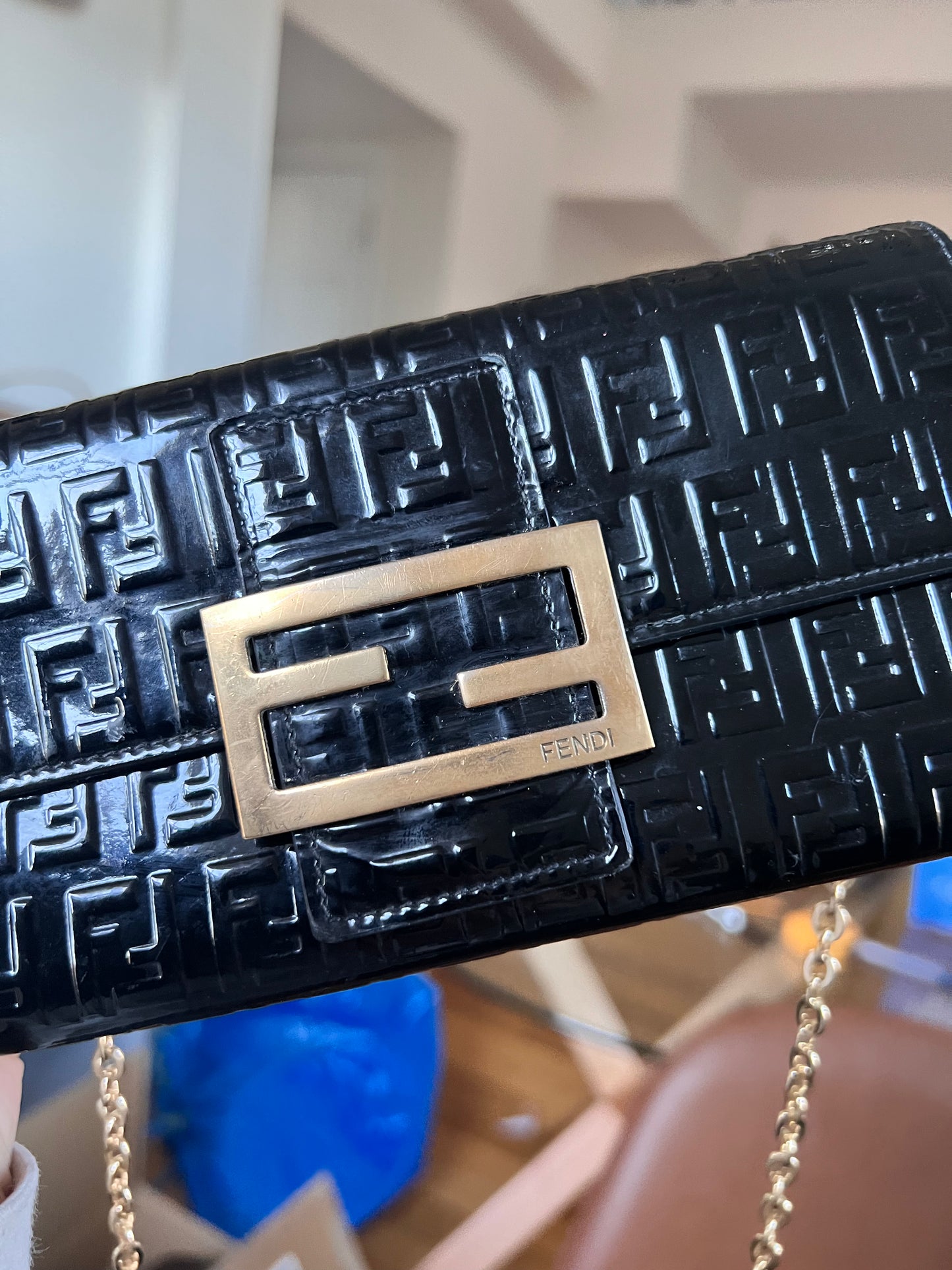 Fendi Zucchino black patent leather wallet on chain