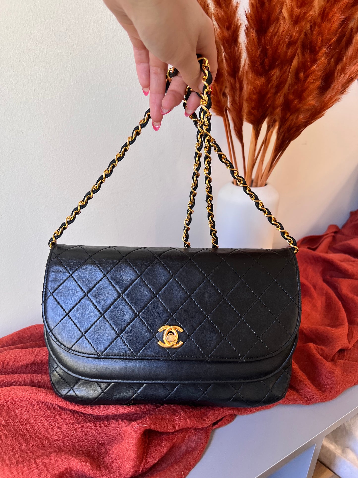 Chanel vintage double rounded flap black lambskin 24k gold chain bag