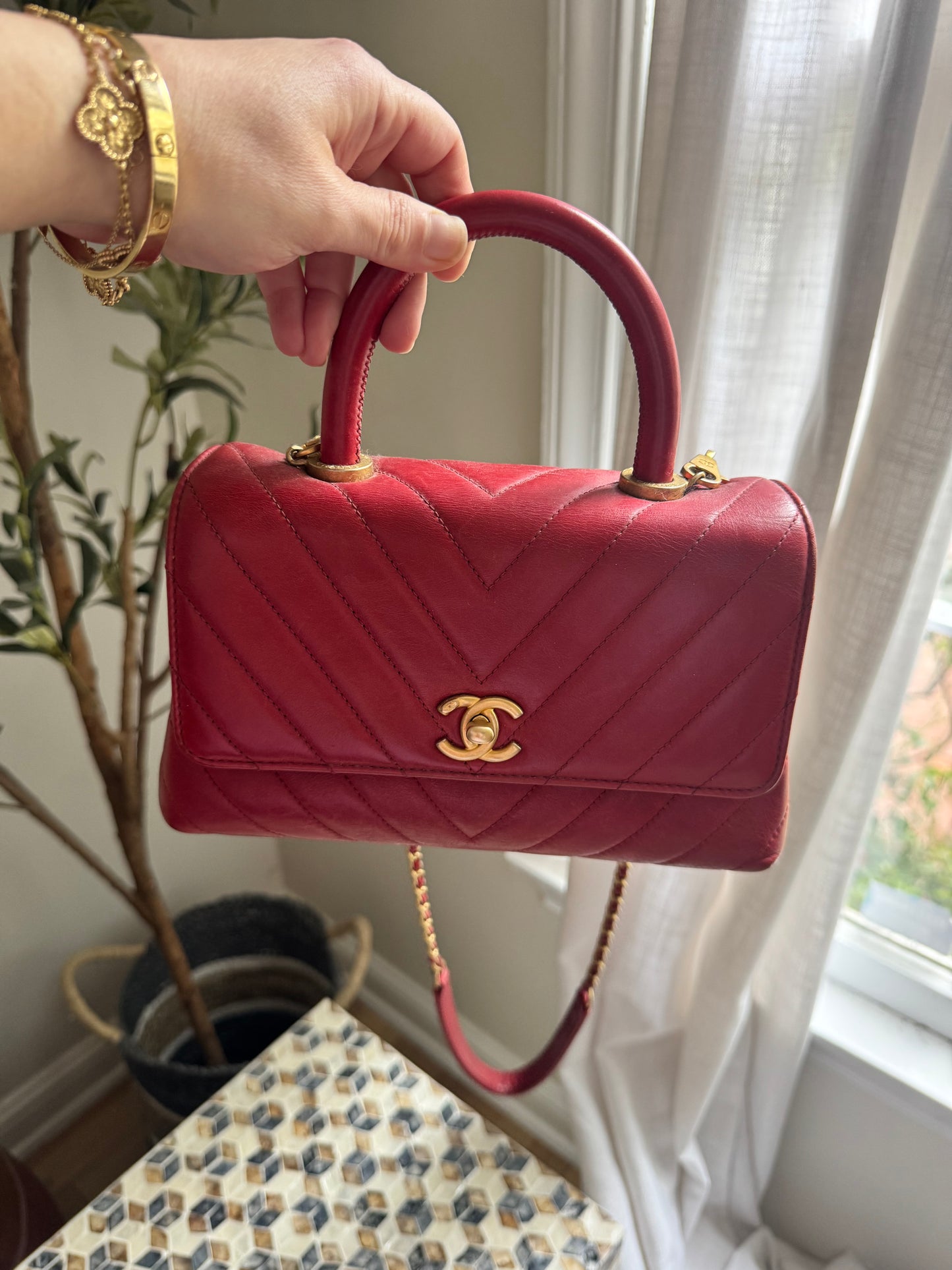 Chanel Chevron Crinkle Red Calfskin Small Coco Handle