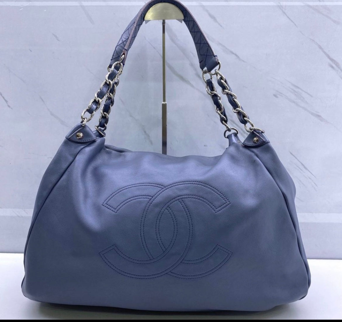 Chanel slate blue calfskin large CC stitch hobo tote
