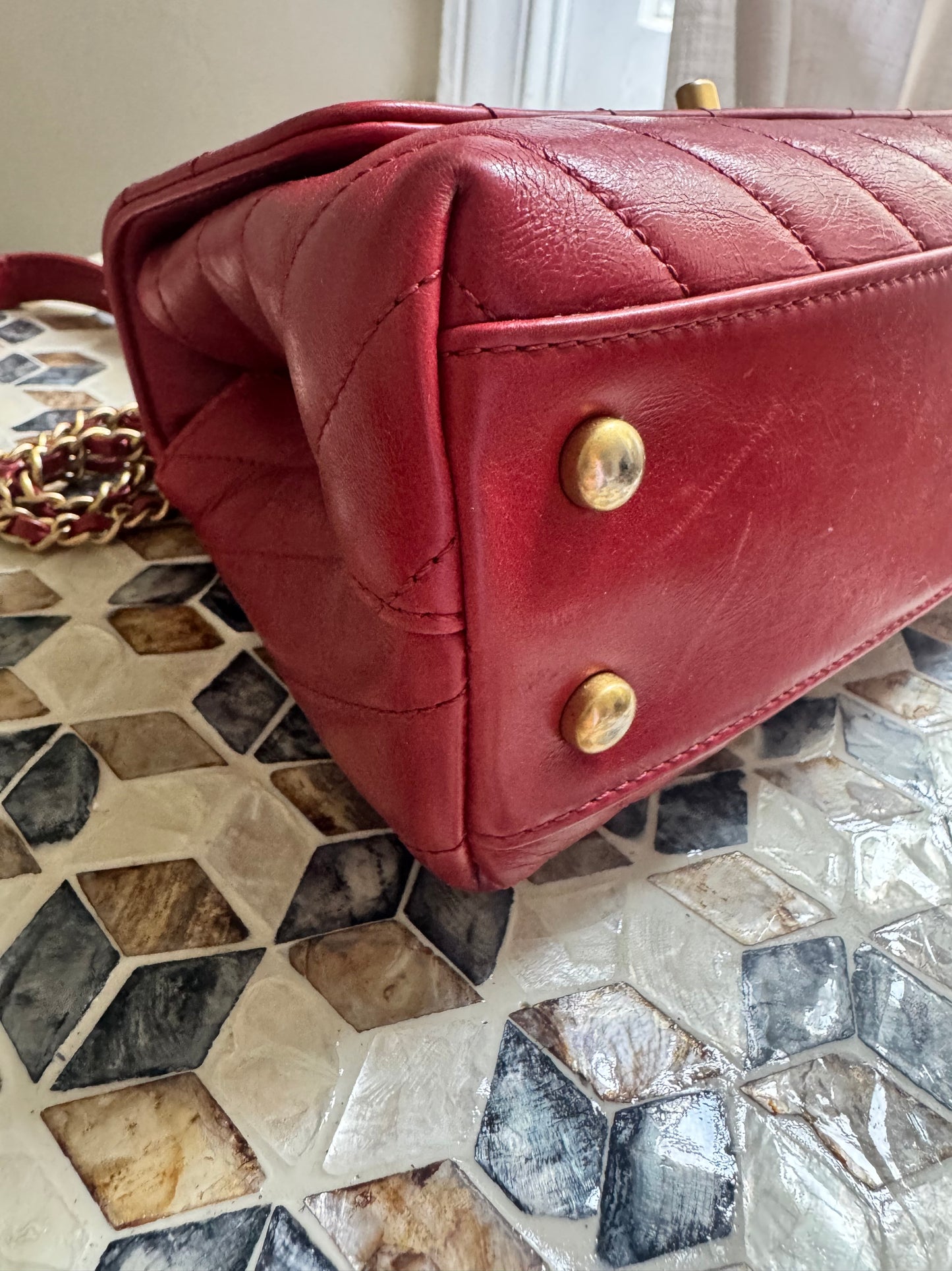 Chanel Chevron Crinkle Red Calfskin Small Coco Handle