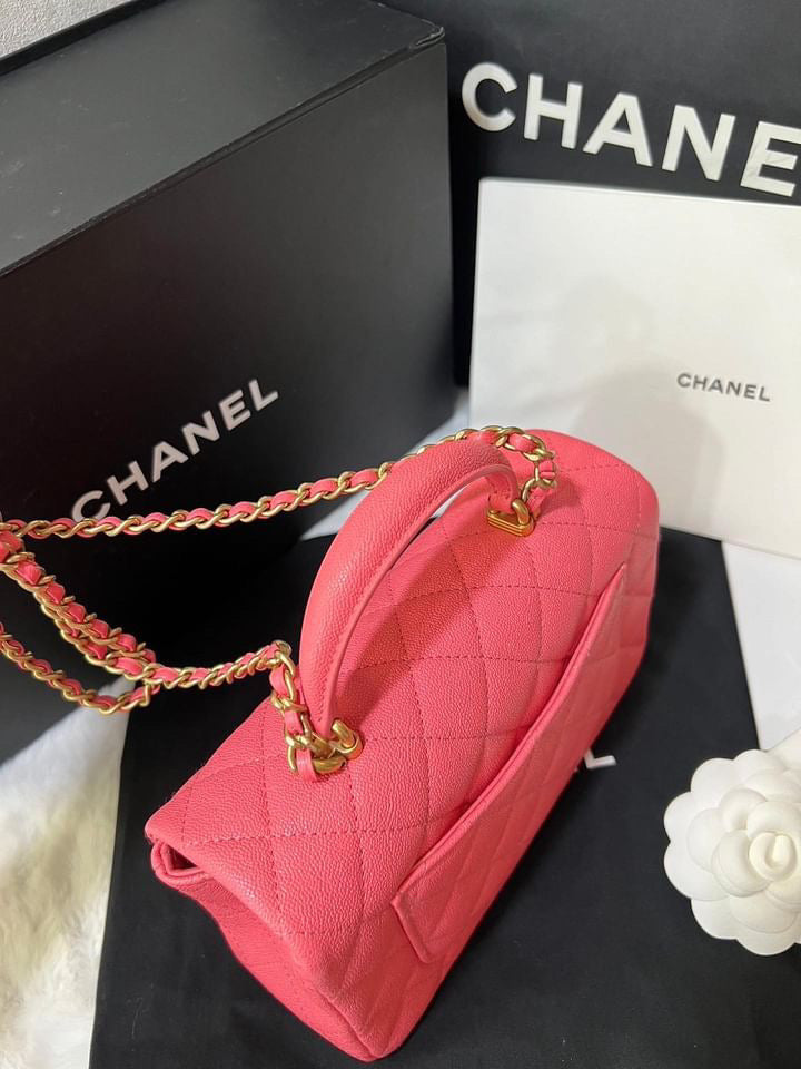 Chanel pink caviar mini rectangle top handle aged gold hardware