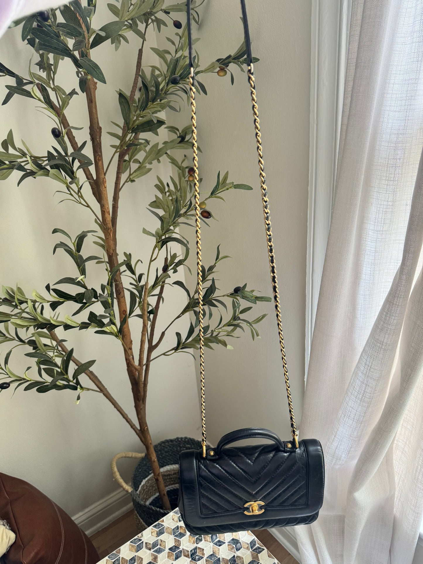 Chanel Black Chevron Quilted Crinkled Calfskin Top Handle/ Crossbody bag