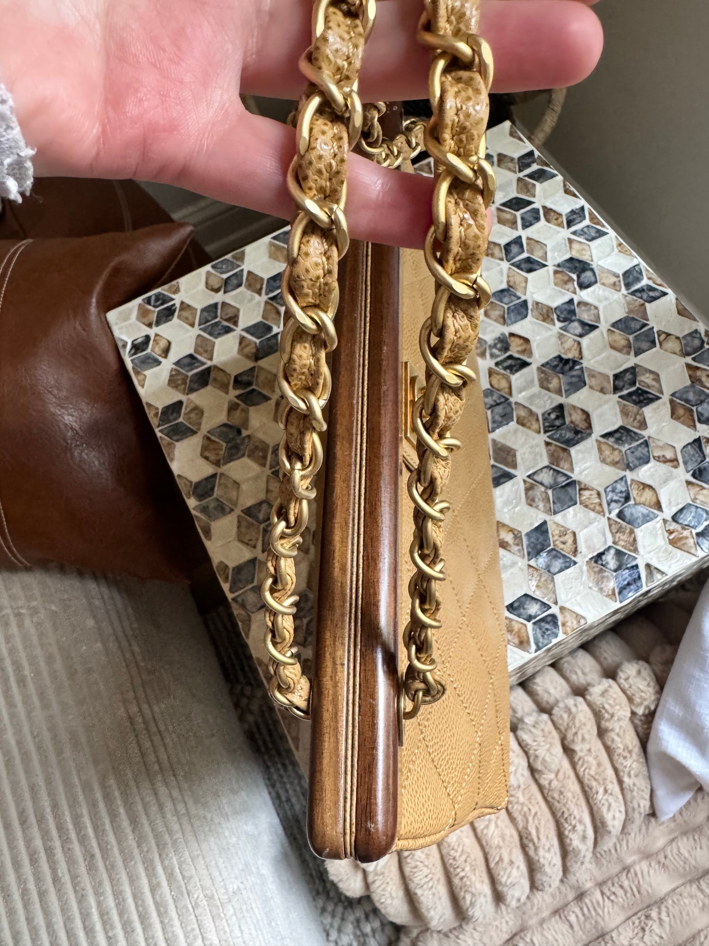 Chanel Vintage Beige Caviar Wooden CC Shoulder Tote