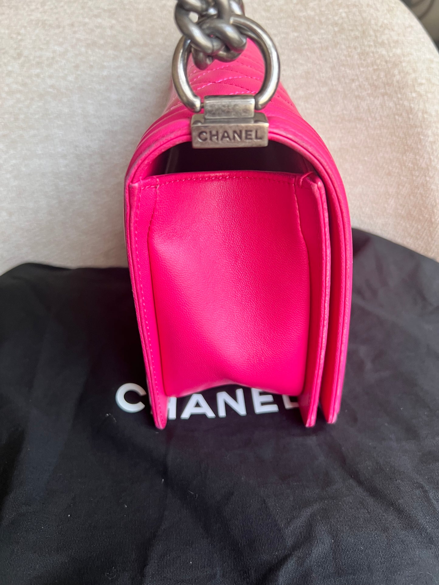 Chanel raspberry pink lambskin medium boy bag RHW