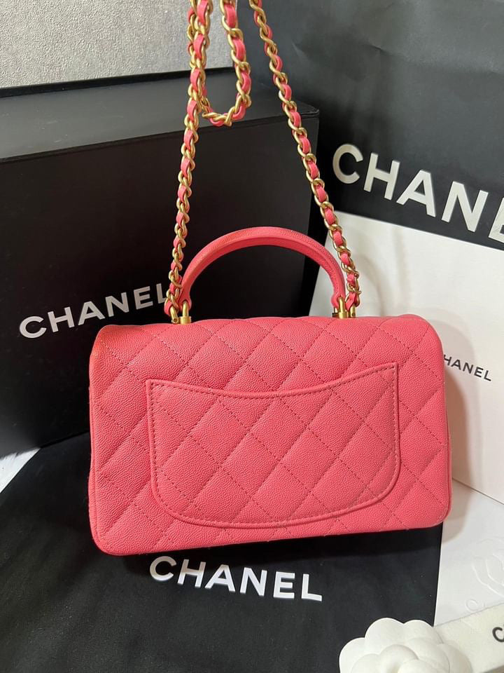 Chanel pink caviar mini rectangle top handle aged gold hardware