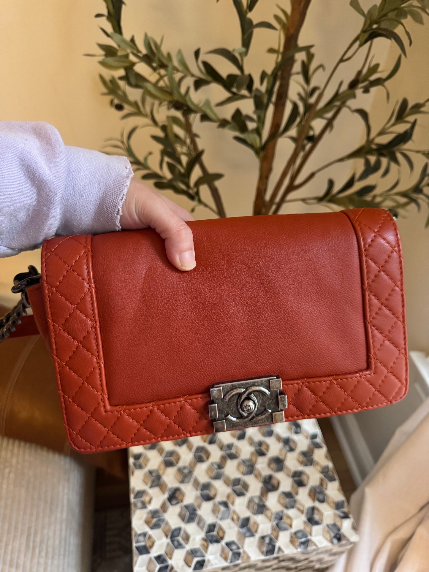 Chanel Orange Quilted Boarder Medium Calfskin Boy Bag