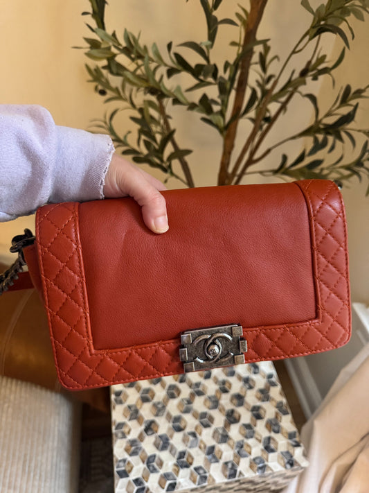 Chanel Orange Quilted Boarder Medium Calfskin Boy Bag