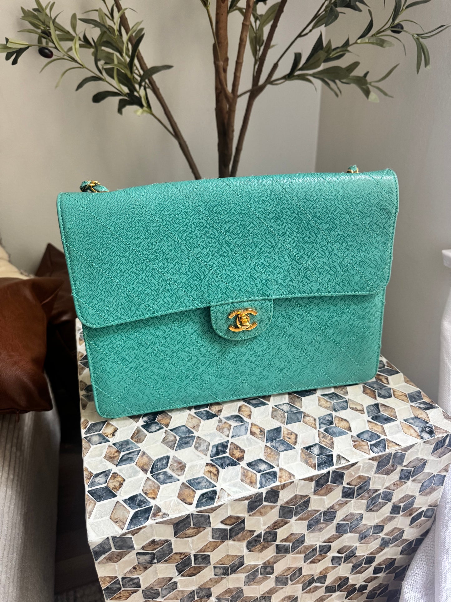 Chanel Turquoise Caviar Vintage Flat Stitch Jumbo Single Flap