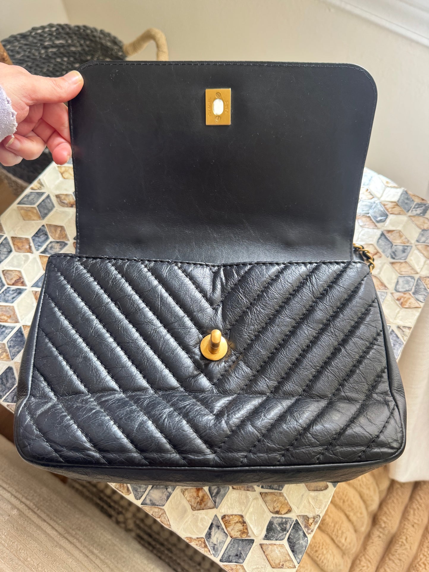 Chanel Black Chevron Quilted Crinkled Calfskin Top Handle/ Crossbody bag
