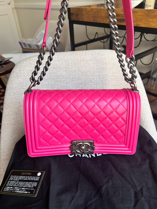 Chanel raspberry pink lambskin medium boy bag RHW