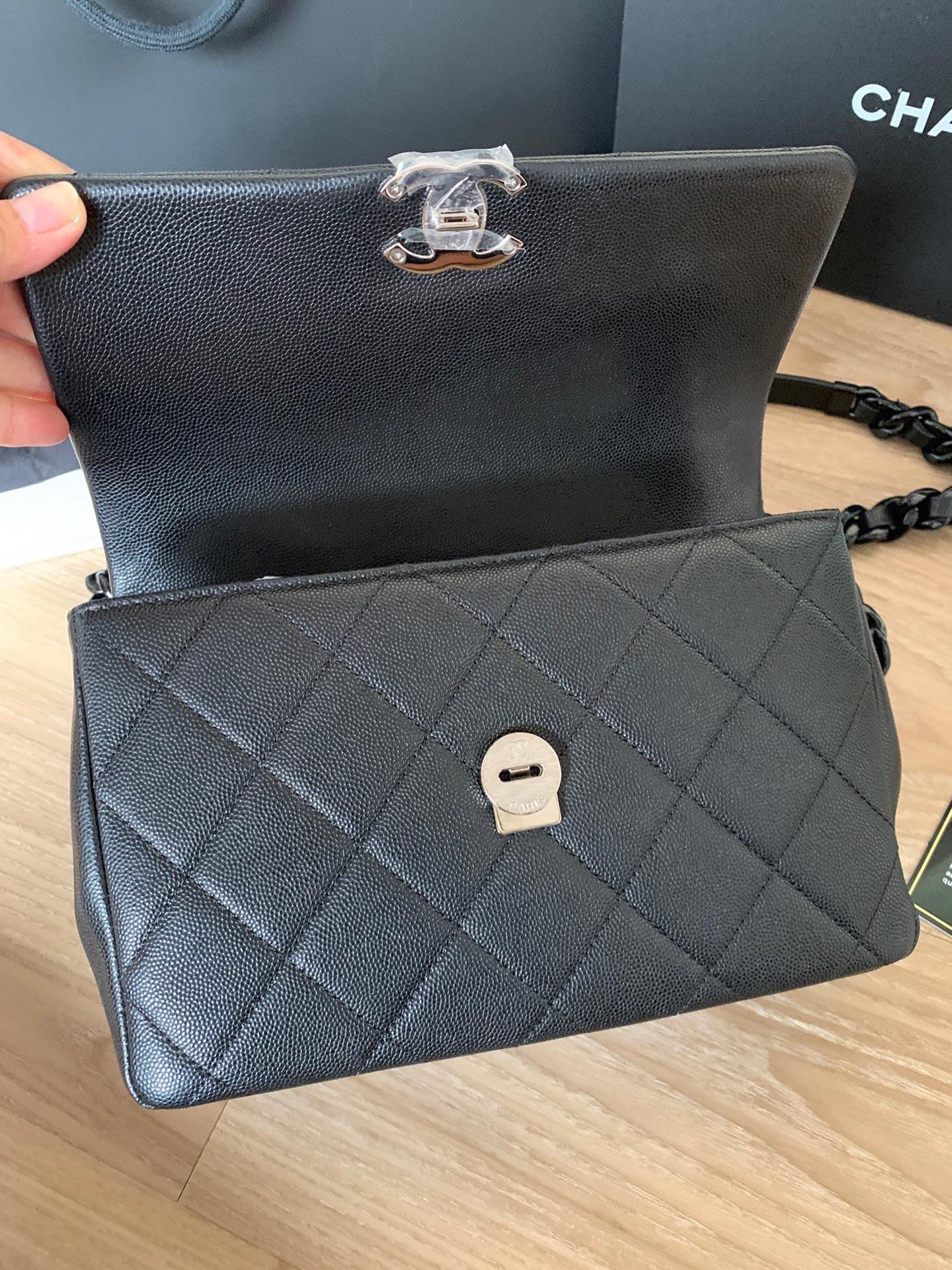 Chanel black caviar so black small flap