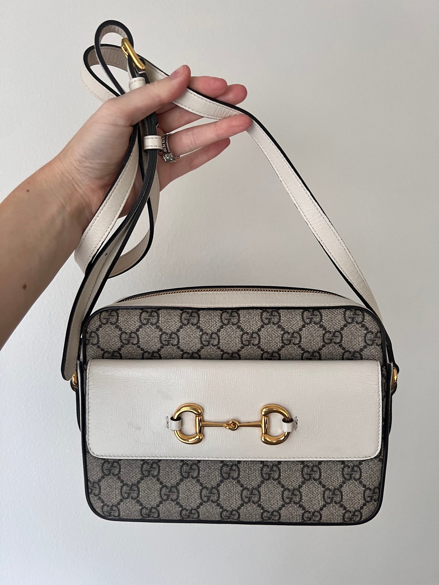 Gucci horsebit small white x GG coated canvas camera crossbody