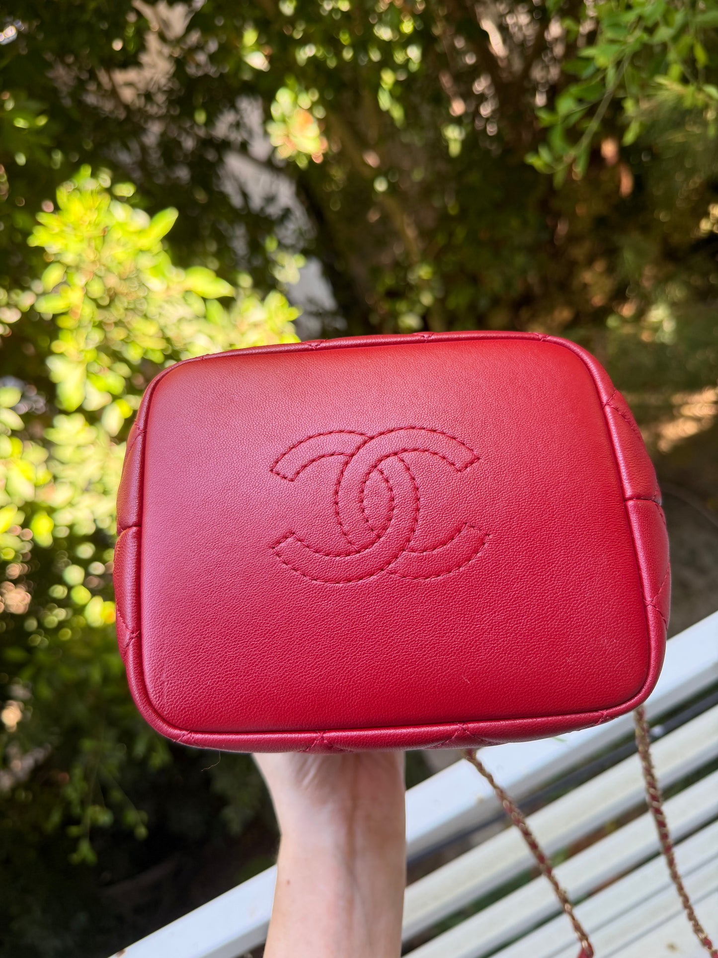 Chanel red lambskin CC turnlock top handle small hobo on chain