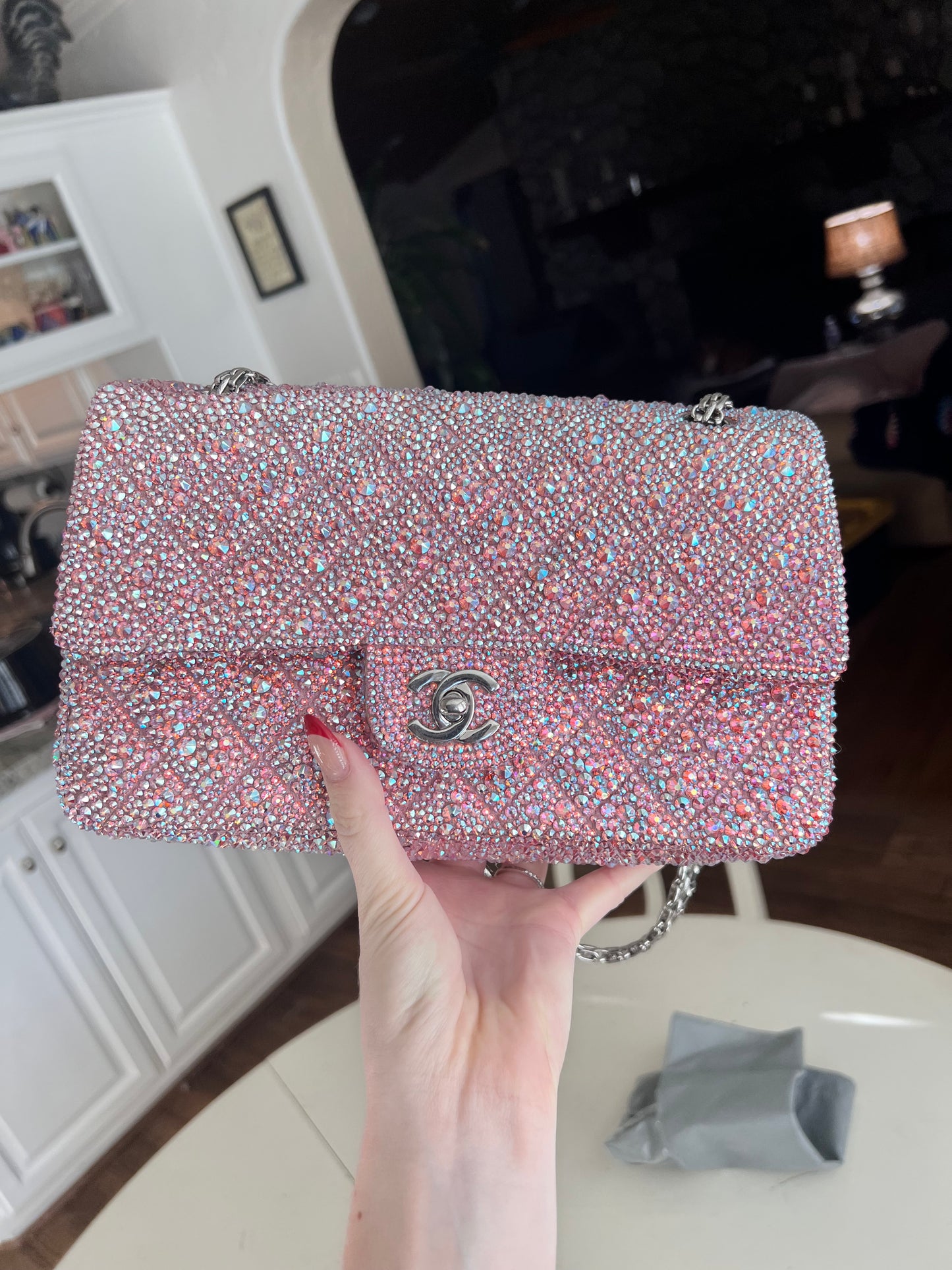 Chanel pink medium classic flap custom crystal strassed