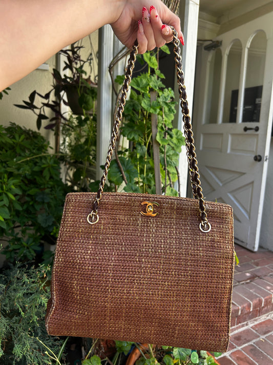 Chanel CC turnlock raffia tote
