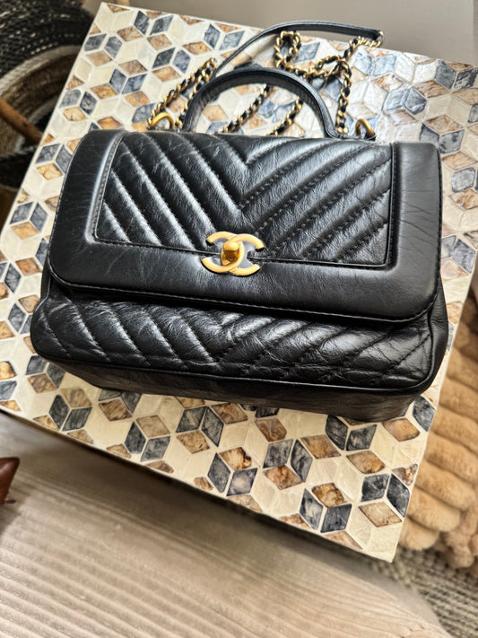 Chanel Black Chevron Quilted Crinkled Calfskin Top Handle/ Crossbody bag