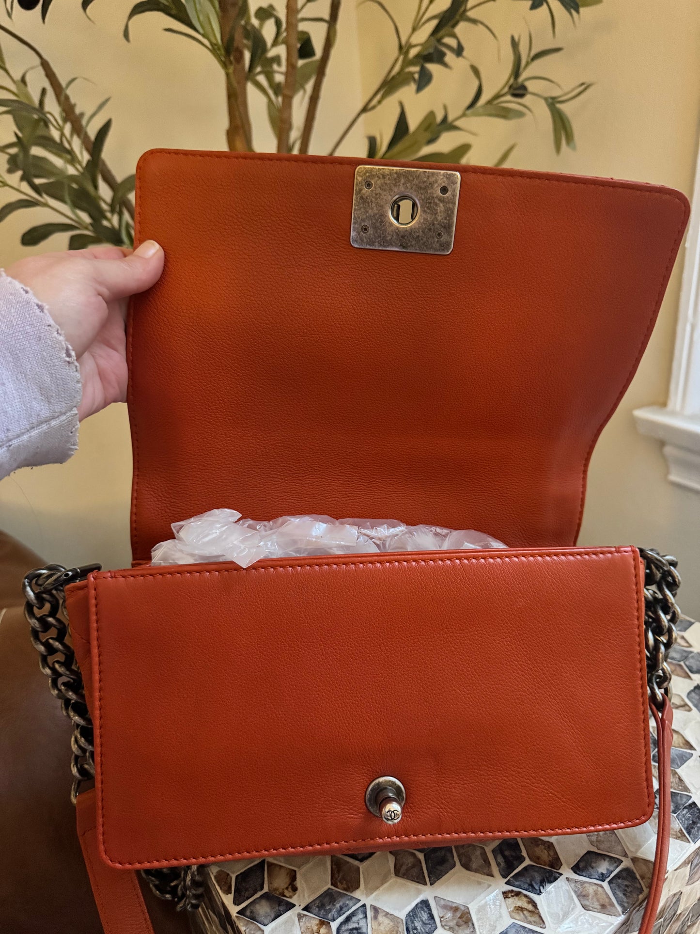Chanel Orange Quilted Boarder Medium Calfskin Boy Bag