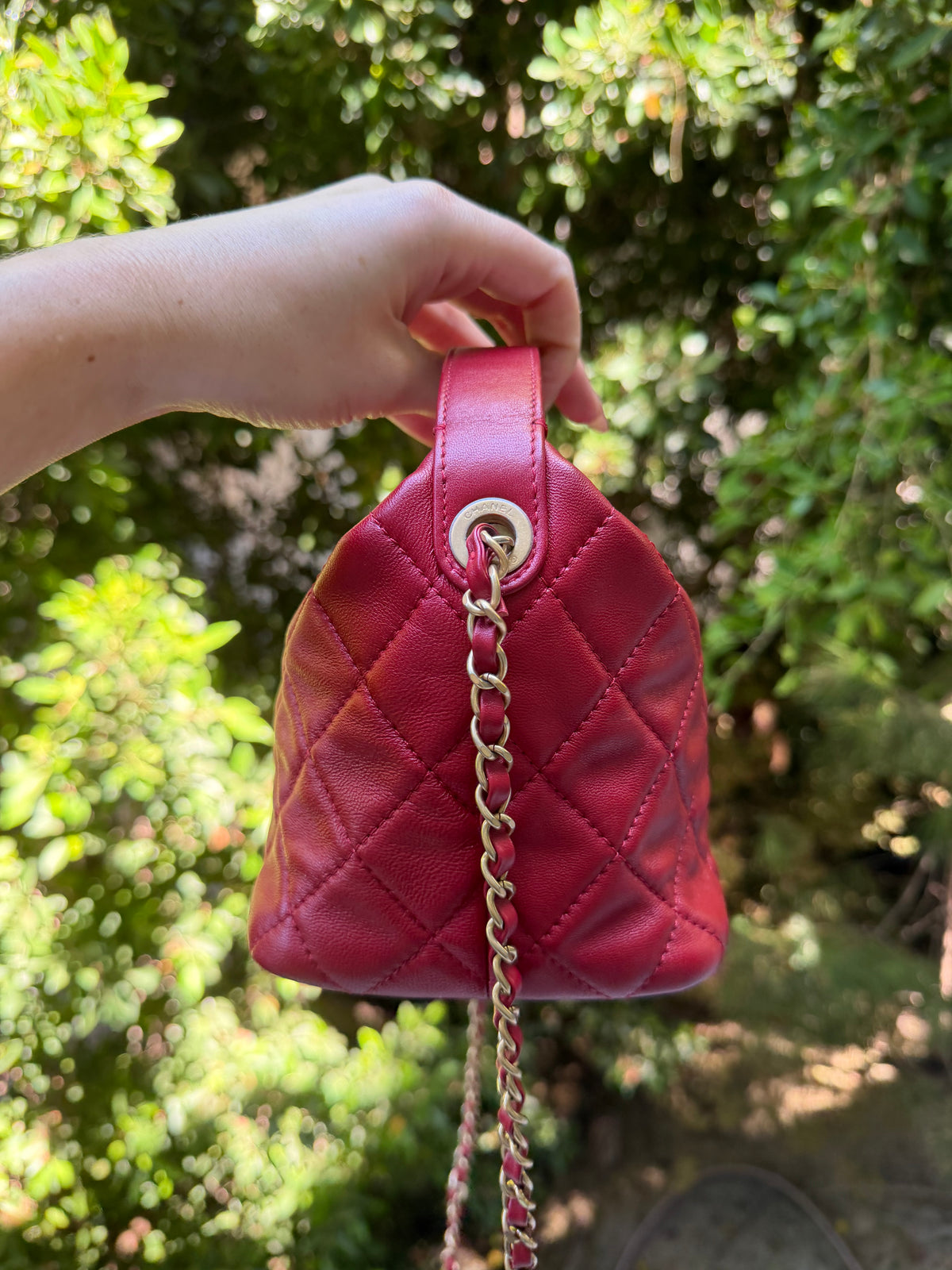 Chanel red lambskin CC turnlock top handle small hobo on chain