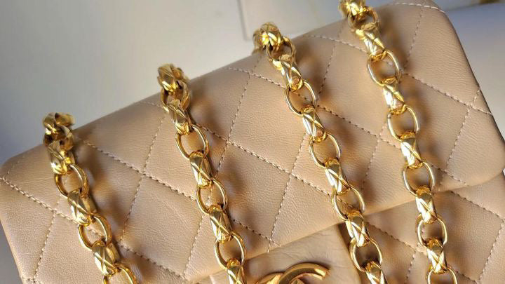 Chanel Mini square beige lambskin with 24k gold plated bijou chain