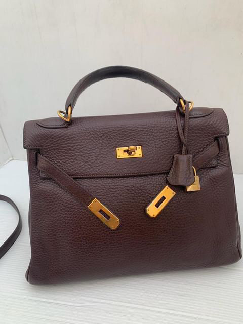 Hermes Kelly 32 chocolate fjord leather GHW stamp G square