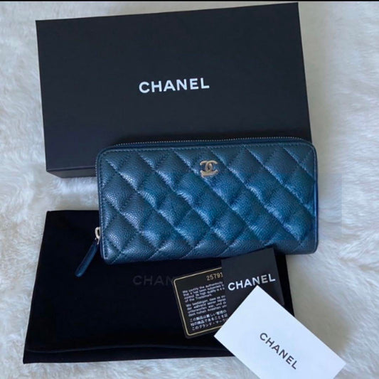 Chanel iridescent navy zippy long wallet