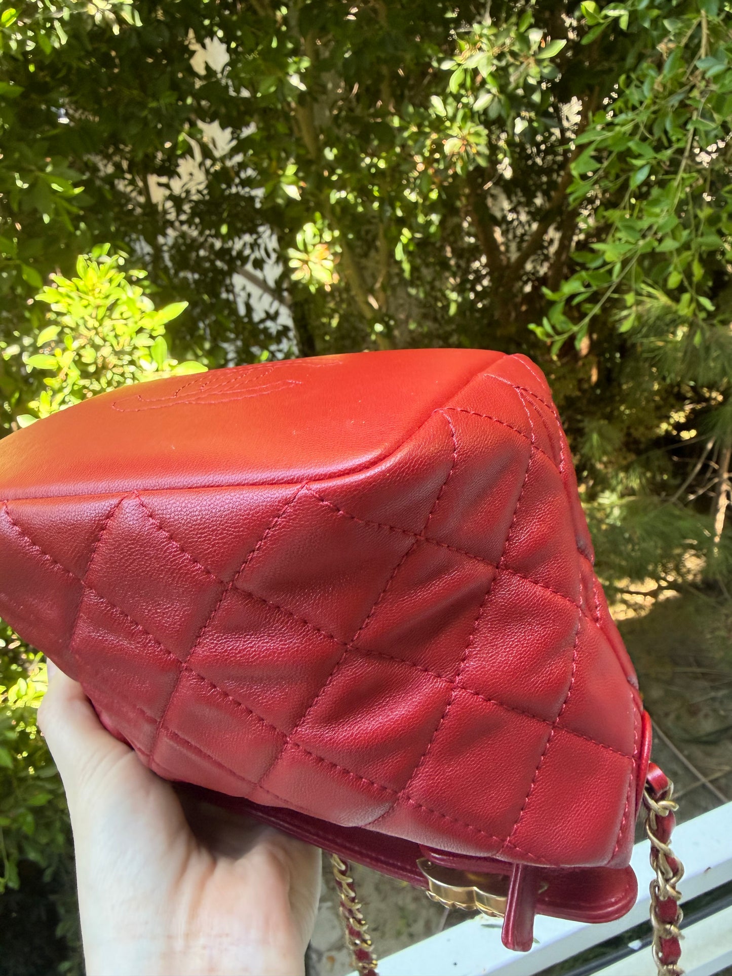 Chanel red lambskin CC turnlock top handle small hobo on chain