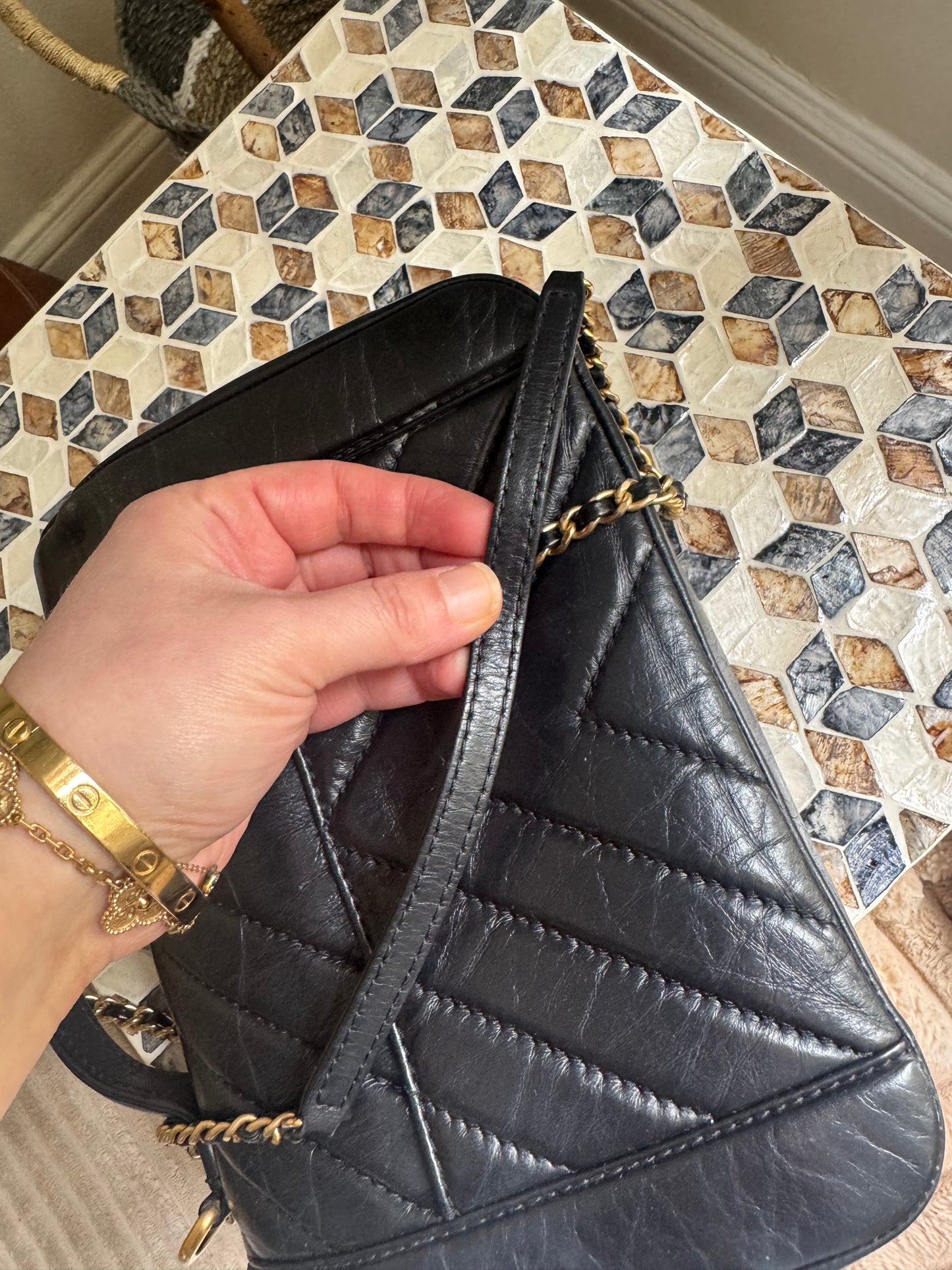 Chanel Black Chevron Quilted Crinkled Calfskin Top Handle/ Crossbody bag