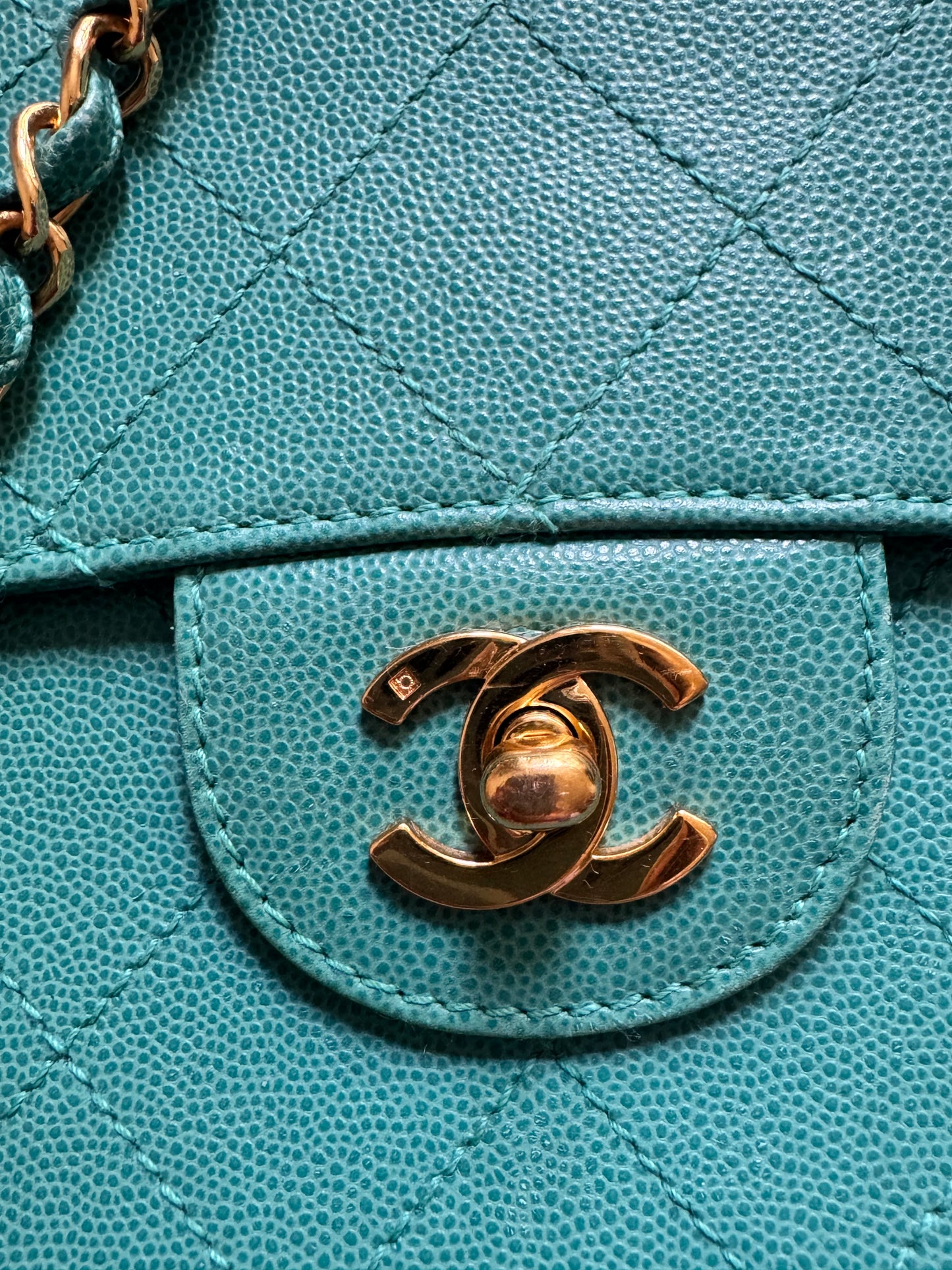 Chanel Turquoise Caviar Vintage Flat Stitch Jumbo Single Flap