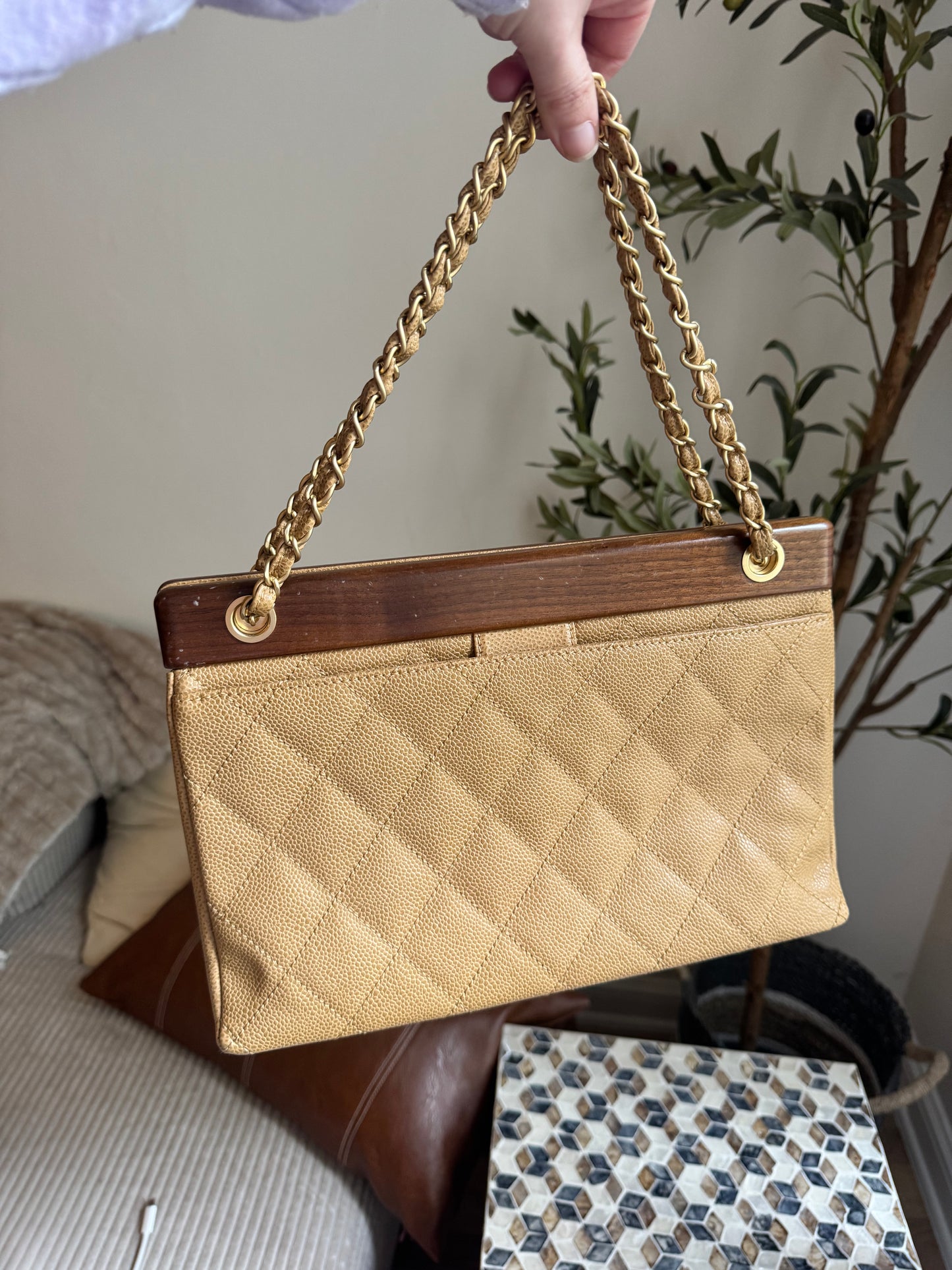 Chanel Vintage Beige Caviar Wooden CC Shoulder Tote