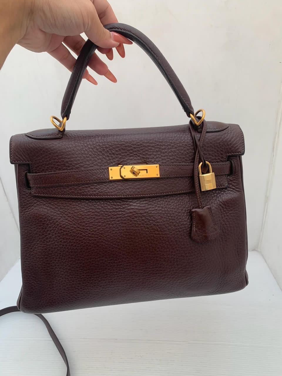 Hermes Kelly 32 chocolate fjord leather GHW stamp G square