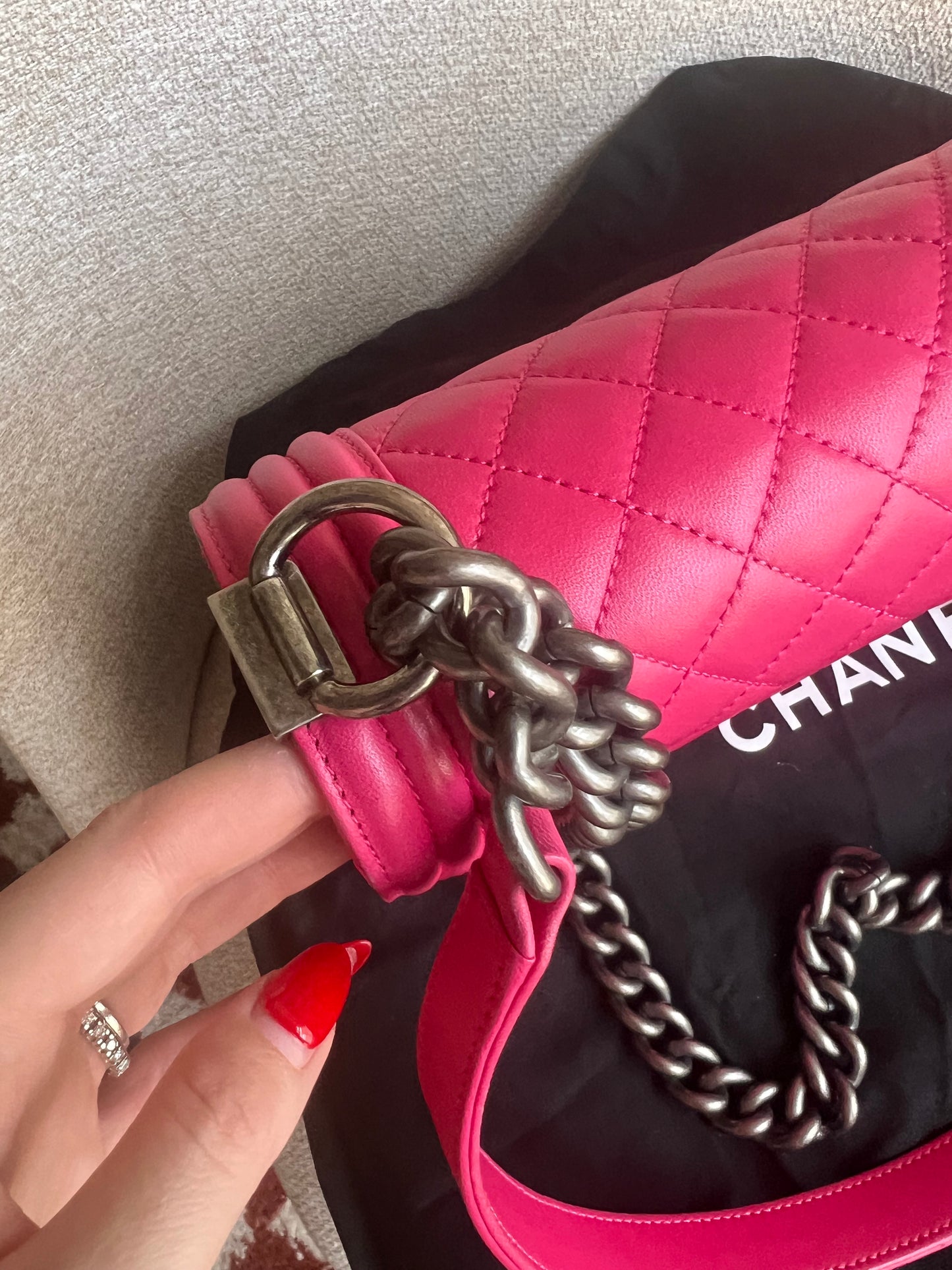 Chanel raspberry pink lambskin medium boy bag RHW