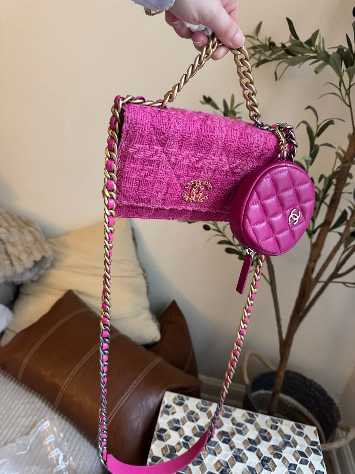 Chanel C19 Pink Tweed Wallet on Chain + Coin Purse