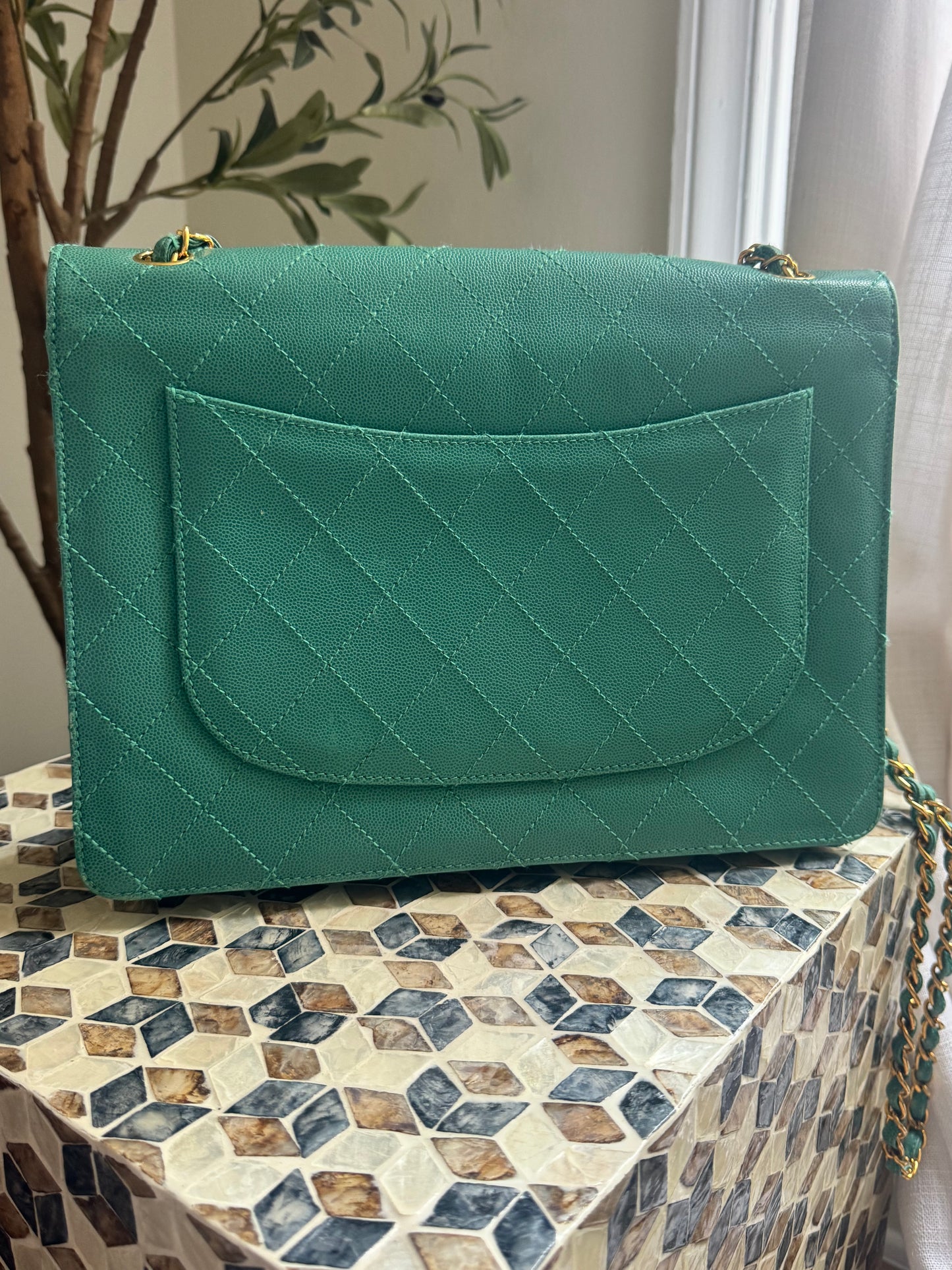 Chanel Turquoise Caviar Vintage Flat Stitch Jumbo Single Flap
