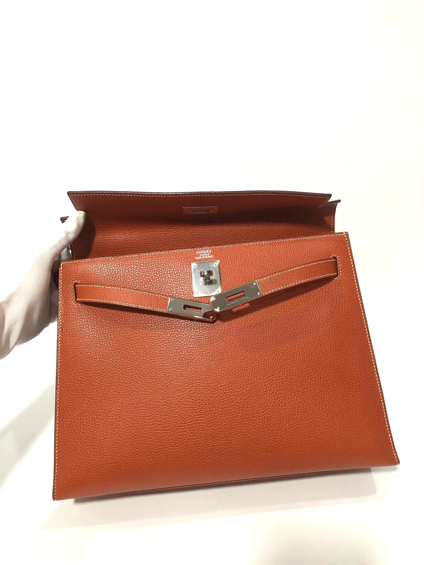 Hermes Kelly 32 vintage Brique vache liege PHW stamp J square