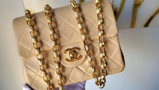 Chanel Mini square beige lambskin with 24k gold plated bijou chain