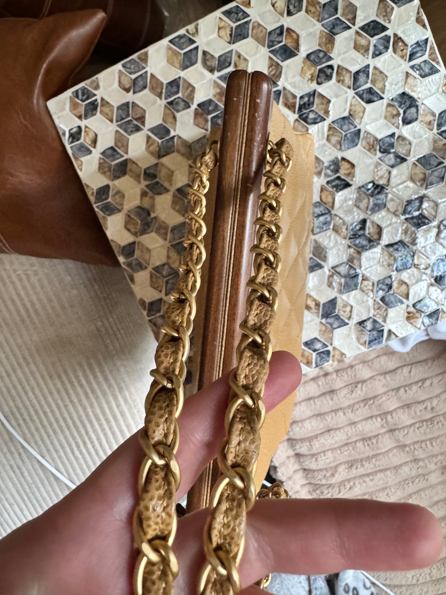 Chanel Vintage Beige Caviar Wooden CC Shoulder Tote