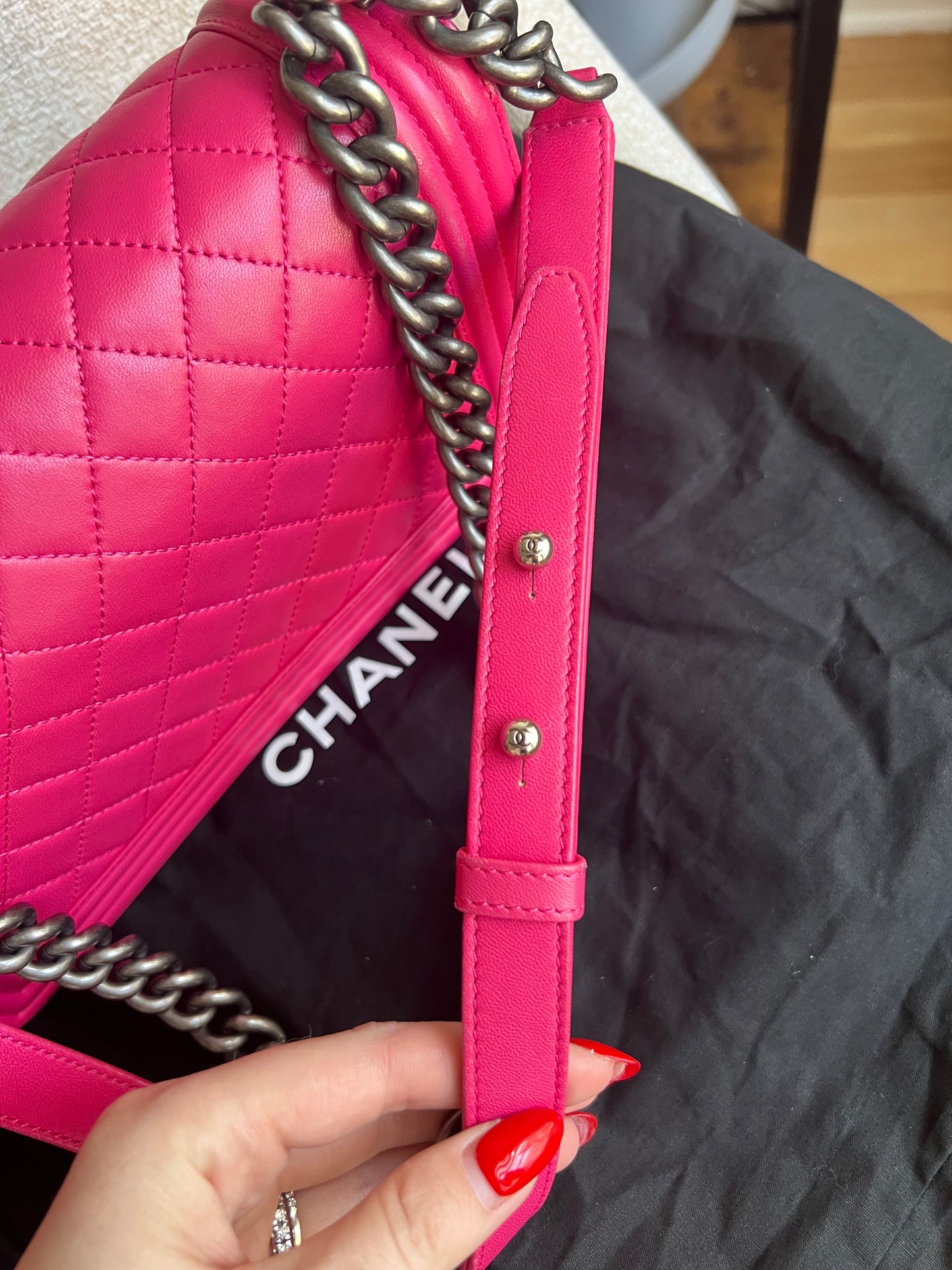 Chanel raspberry pink lambskin medium boy bag RHW