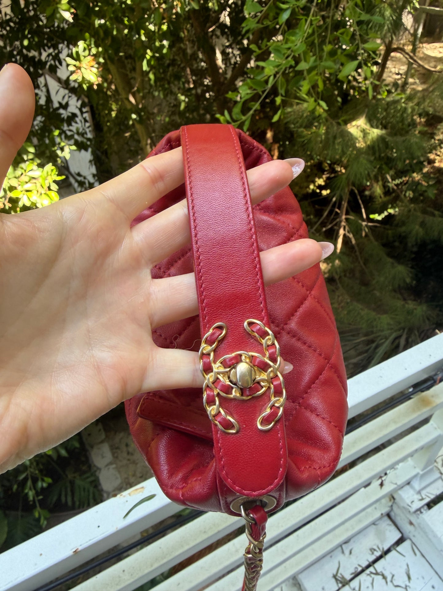 Chanel red lambskin CC turnlock top handle small hobo on chain