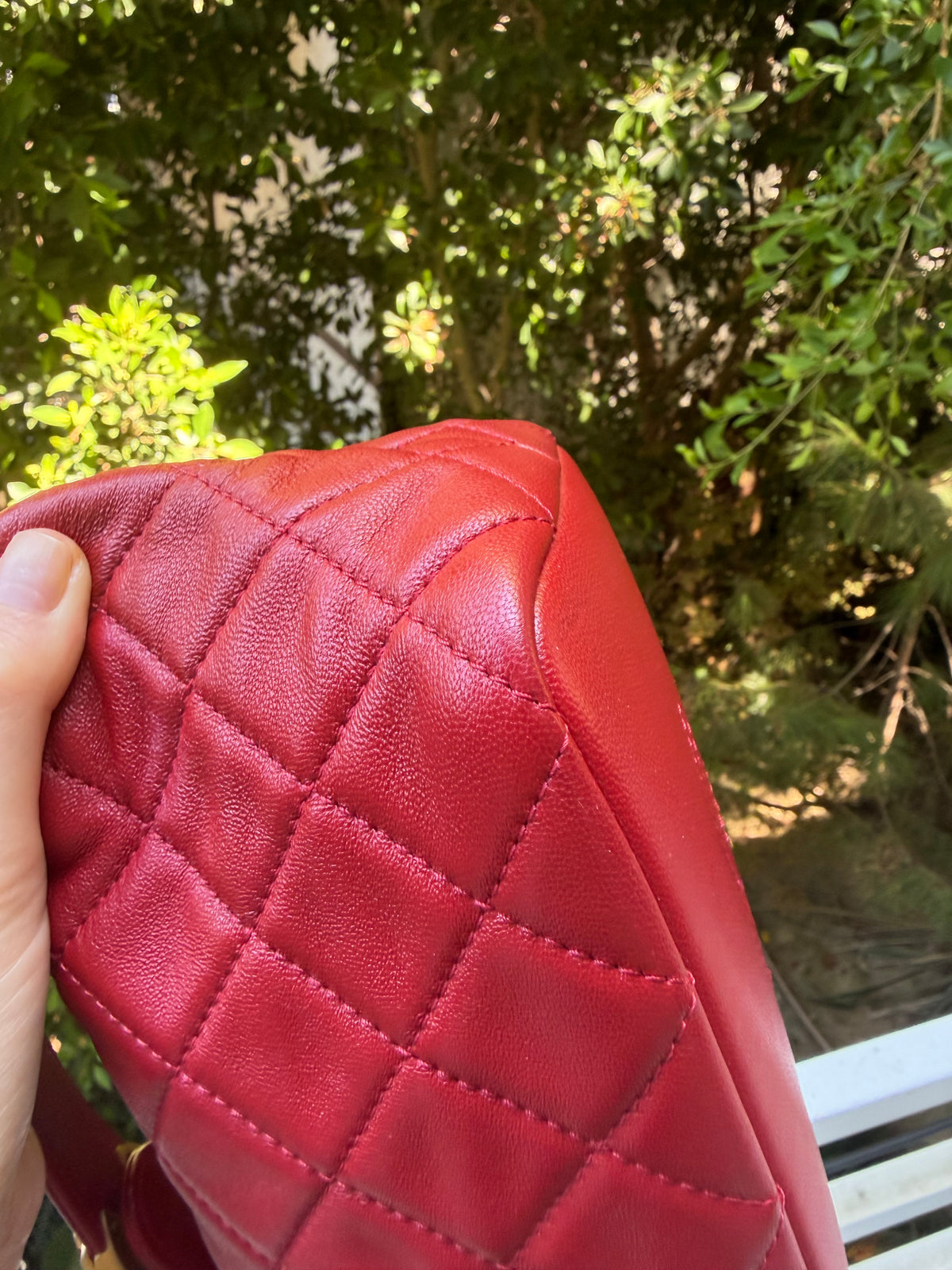 Chanel red lambskin CC turnlock top handle small hobo on chain