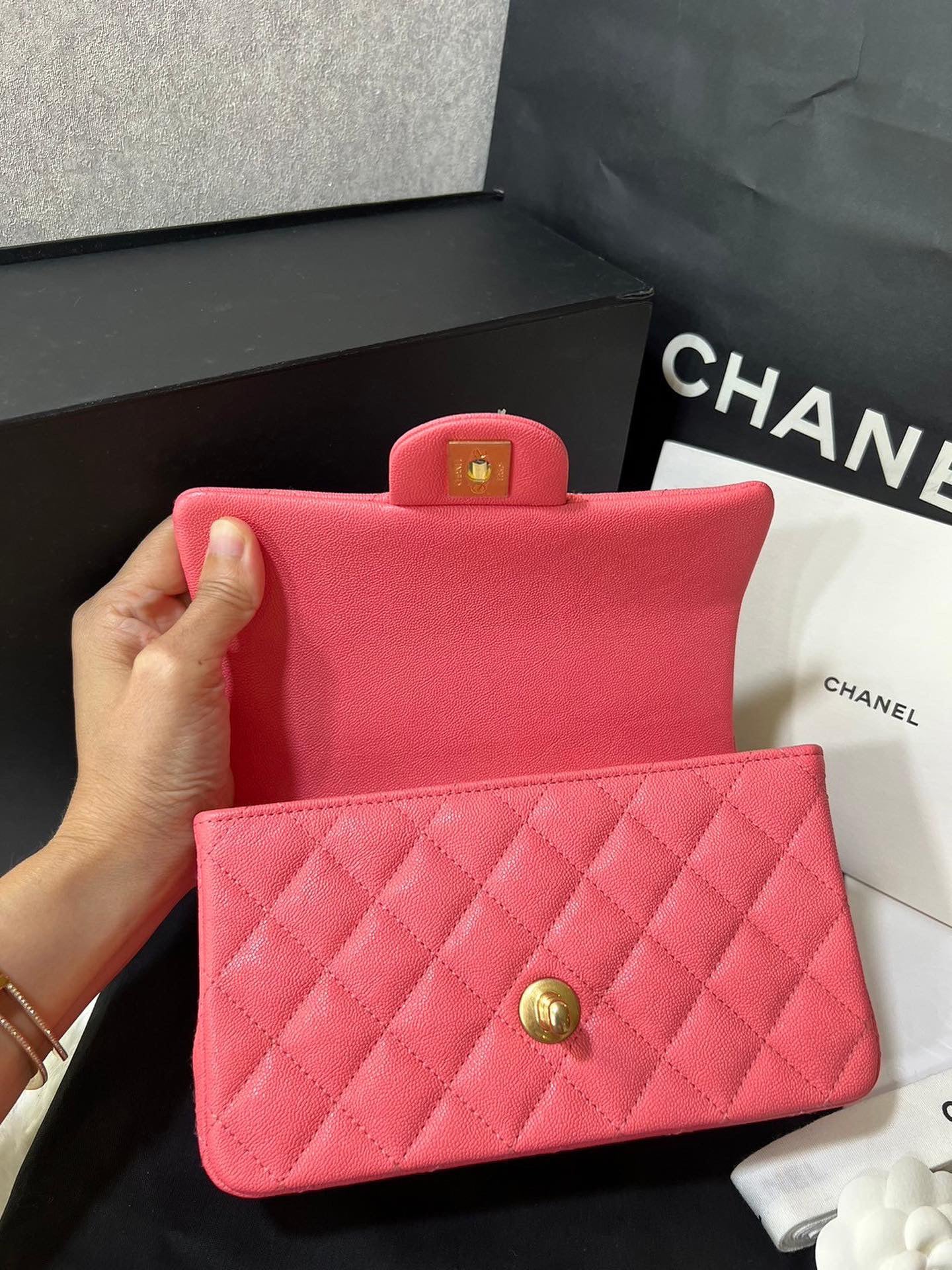 Chanel pink caviar mini rectangle top handle aged gold hardware