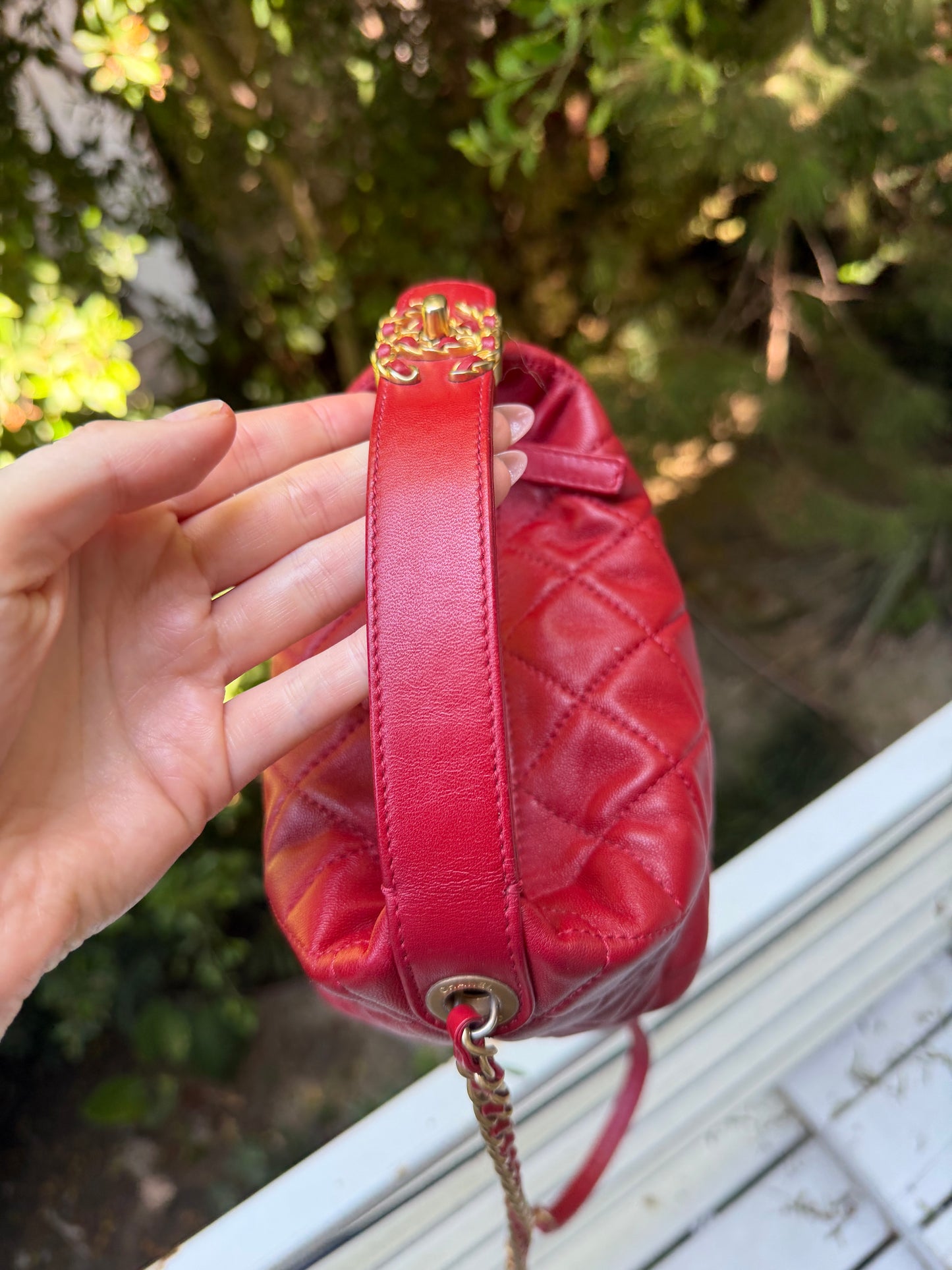 Chanel red lambskin CC turnlock top handle small hobo on chain