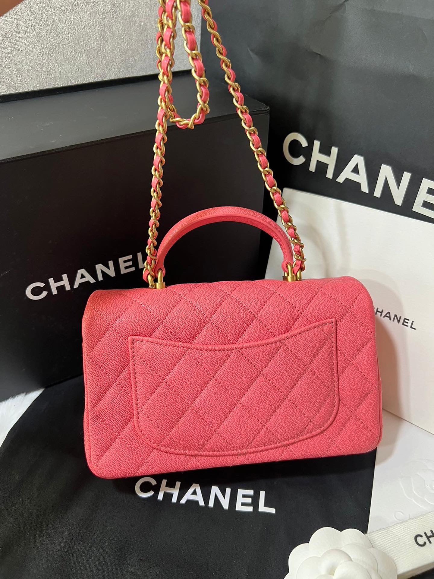 Chanel pink caviar mini rectangle top handle aged gold hardware