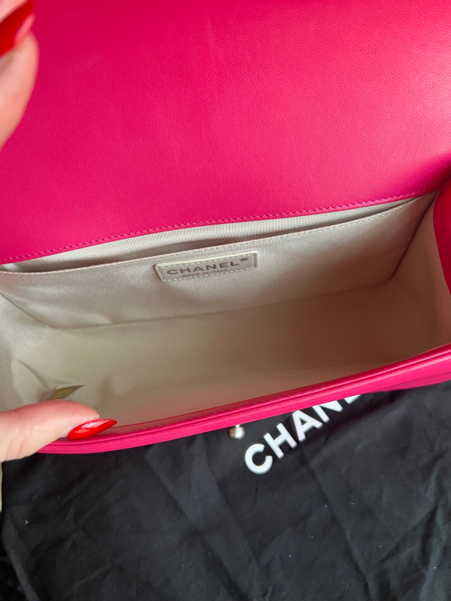 Chanel raspberry pink lambskin medium boy bag RHW