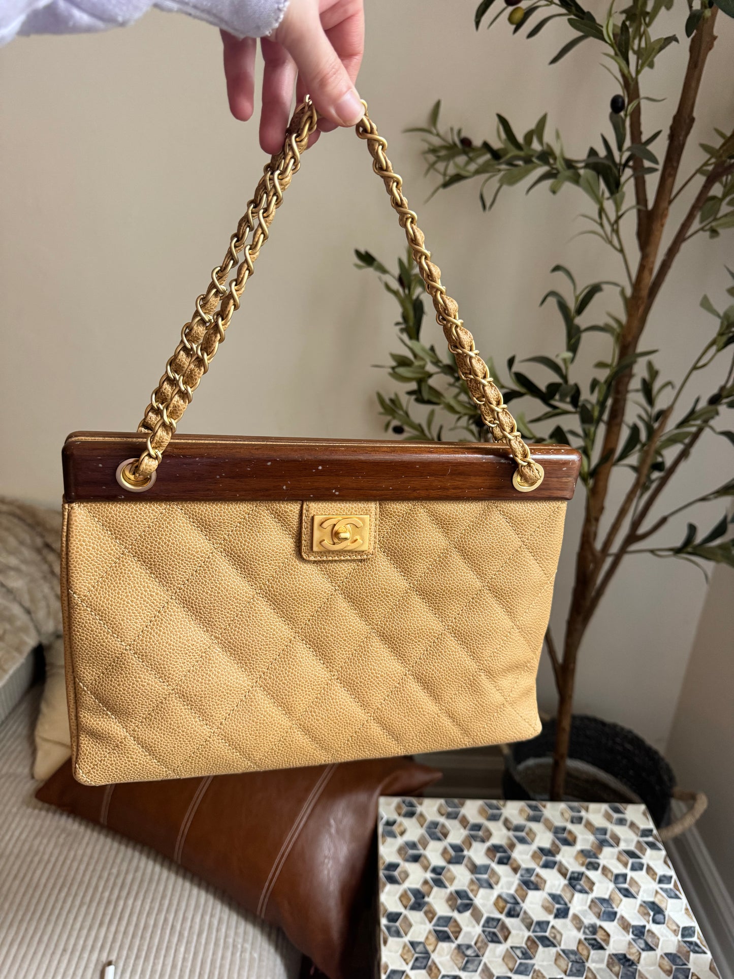 Chanel Vintage Beige Caviar Wooden CC Shoulder Tote