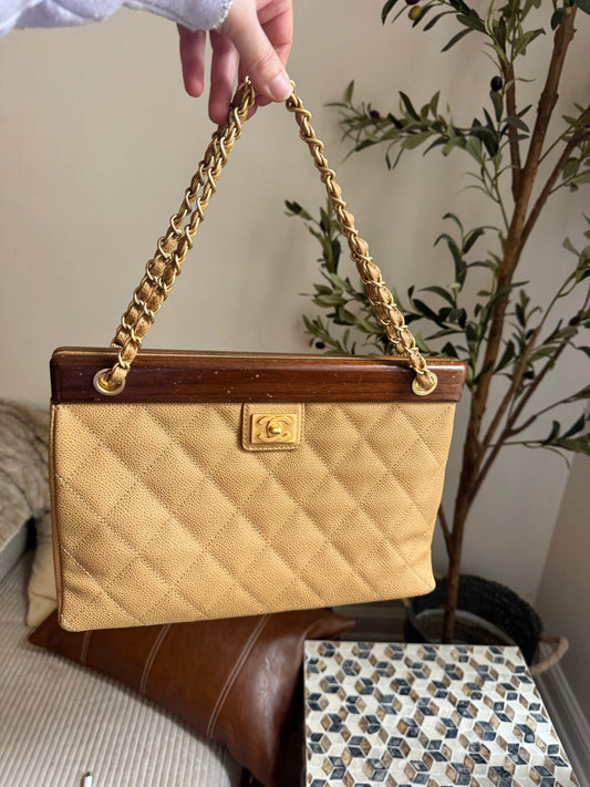 Chanel Vintage Beige Caviar Wooden CC Shoulder Tote