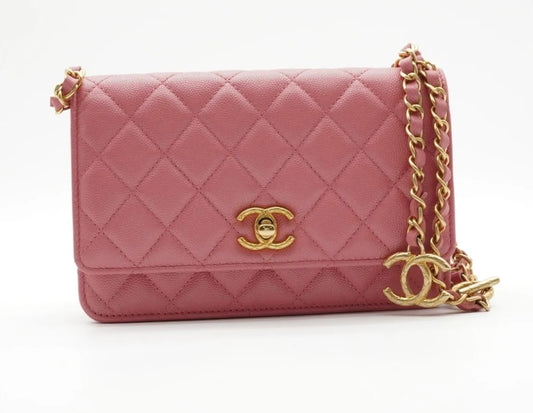 Chanel iridescent pink caviar wallet on chain