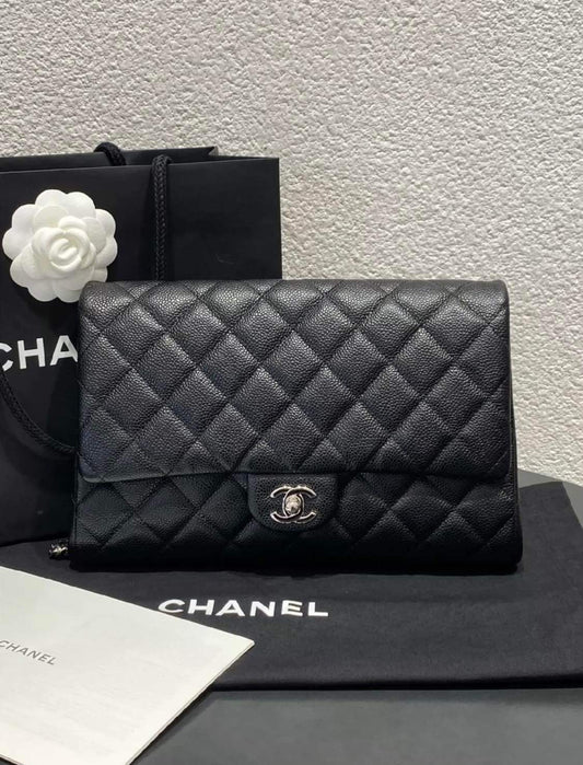 Chanel black caviar SHW clutch on chain