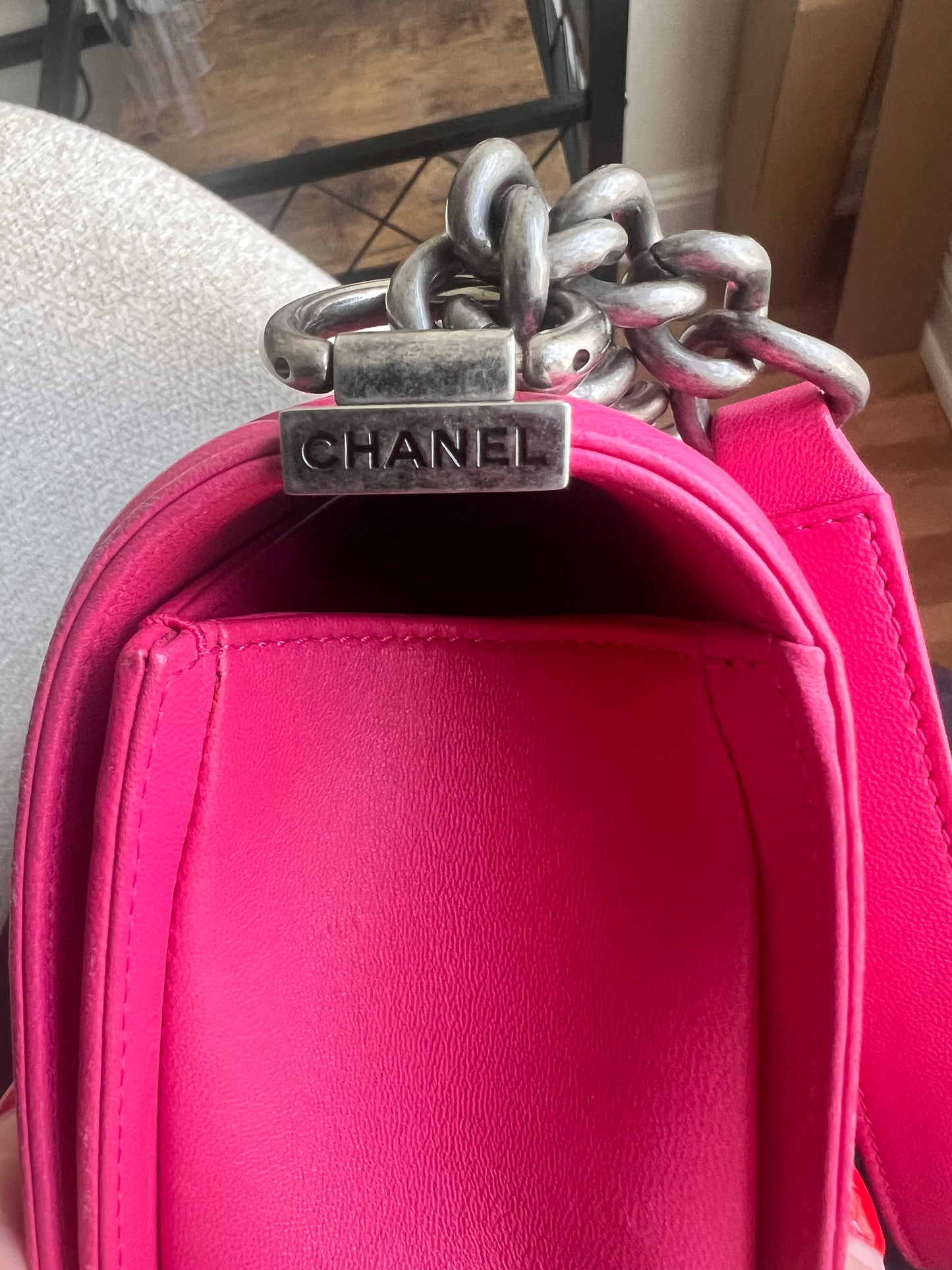 Chanel raspberry pink lambskin medium boy bag RHW