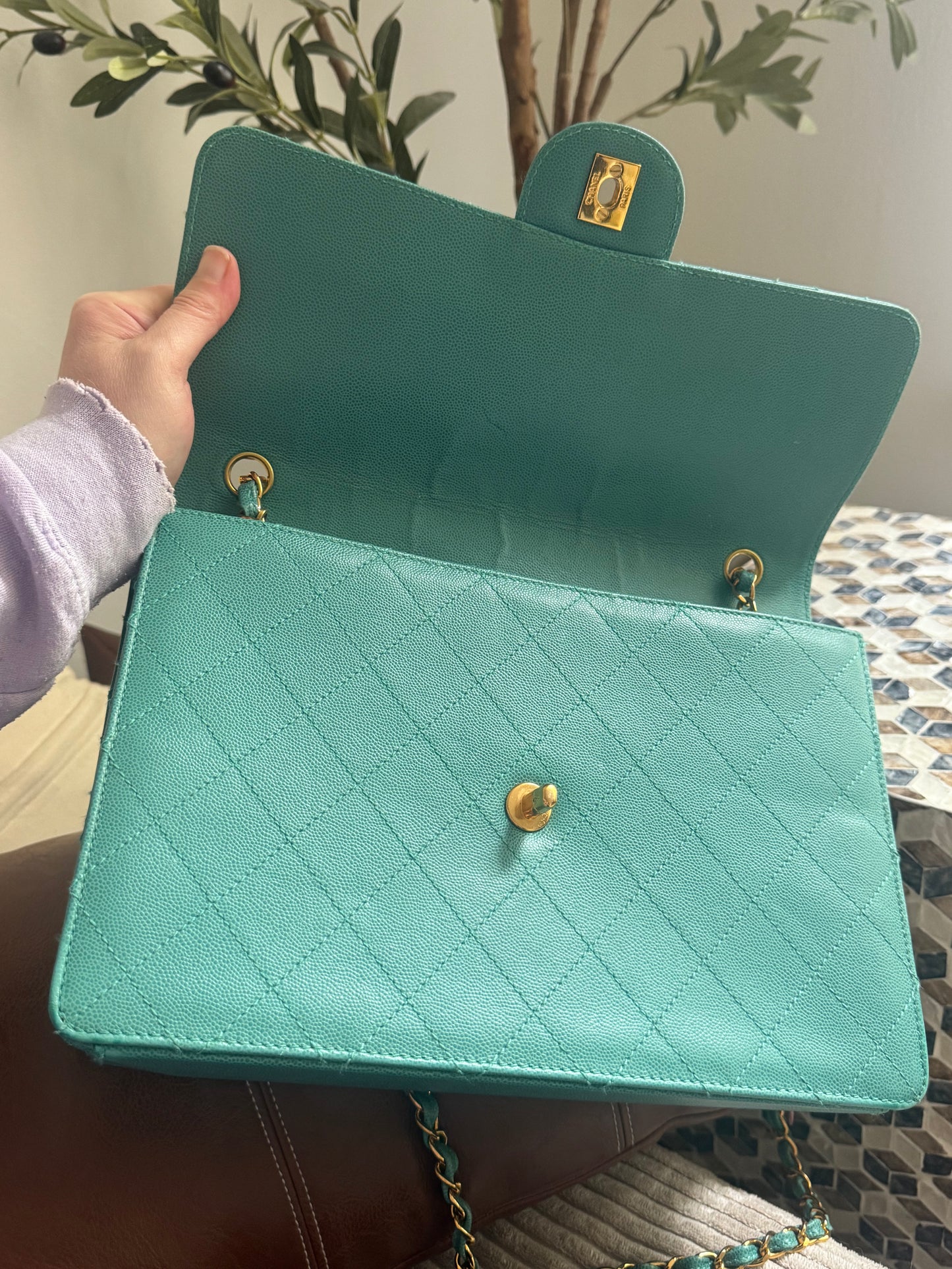 Chanel Turquoise Caviar Vintage Flat Stitch Jumbo Single Flap